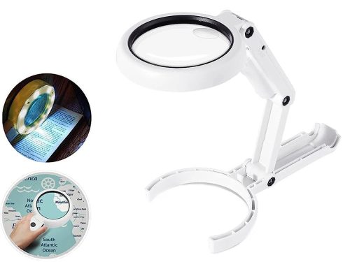 Összecsukható asztali nagyító, 5× és 11× nagyítás, 8 LED, USB