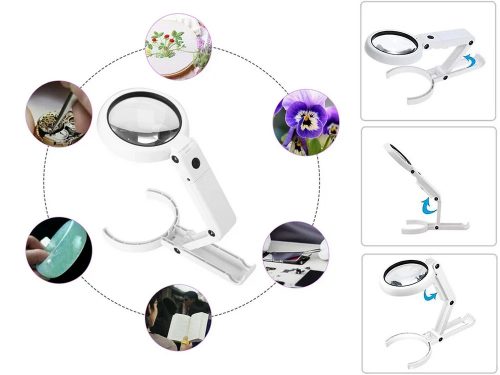 Összecsukható asztali nagyító, 5× és 11× nagyítás, 8 LED, USB