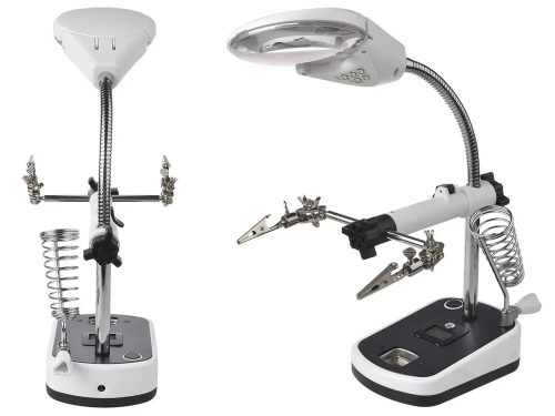 Harmadik kéz forrasztóállvány, 3,5× és 10× nagyítóval, 5 LED