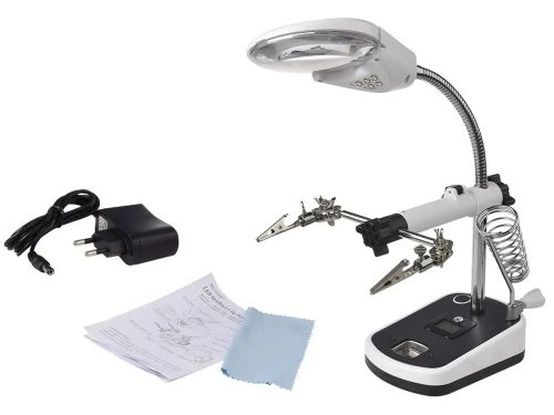 Harmadik kéz forrasztóállvány, 3,5× és 10× nagyítóval, 5 LED