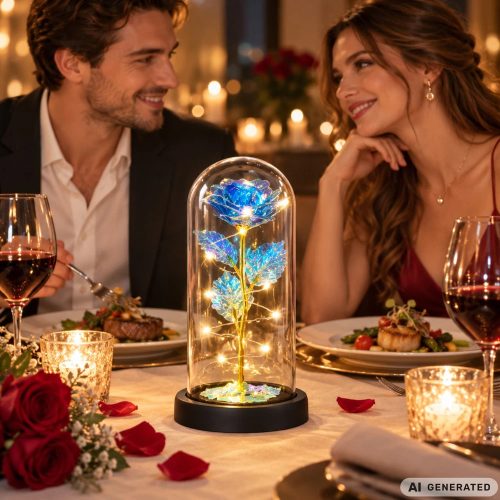 LED világító Örökrózsa üvegben, kék nőnapi ajándék