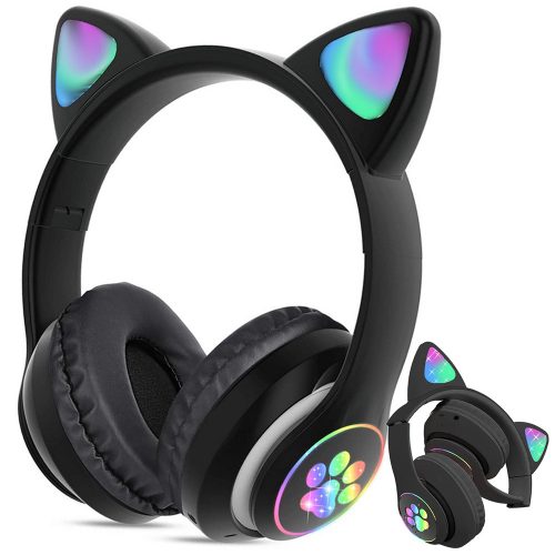 Vezeték nélküli fejhallgató bluetooth rádió fm mp3 cica füles led háttérvilágítással - fekete