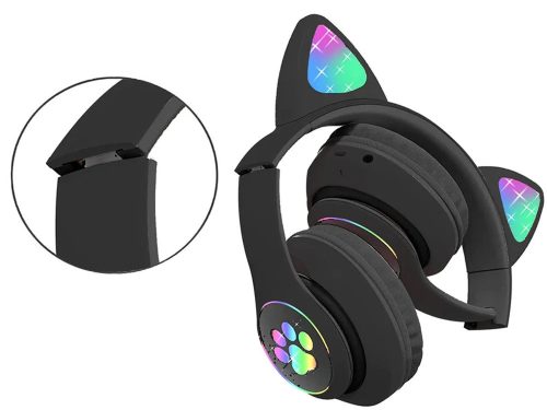 Cicafüles Vezeték Nélküli Bluetooth Fejhallgató RGB LED Világítással, Fekete