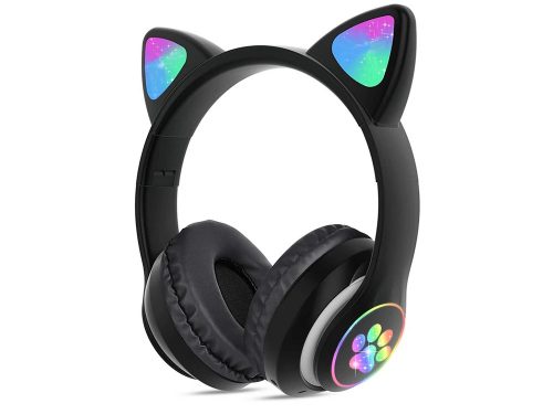 Cicafüles Vezeték Nélküli Bluetooth Fejhallgató RGB LED Világítással, Fekete