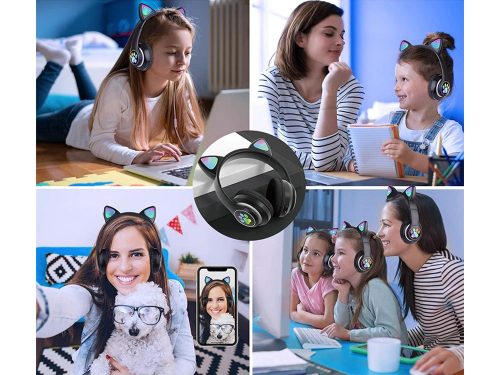 Cicafüles Vezeték Nélküli Bluetooth Fejhallgató RGB LED Világítással, Fekete