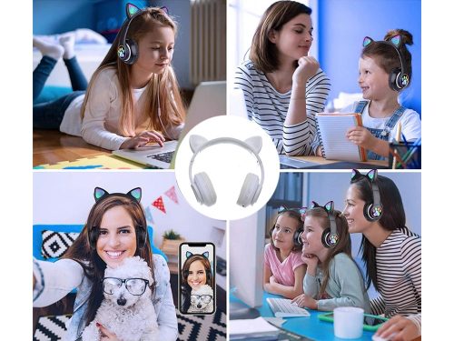 Vezeték nélküli fejhallgató bluetooth rádió fm mp3 macska füles led háttérvilágítással, fehér