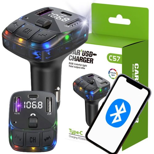 Autó autó mp3/wma továbbító 2xusb + usb c kéktooth 5.3 led qc 3.0