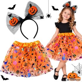   Halloweeni Kislány Jelmez Szett – Narancssárga Tökös Tütü és Hajpánt 