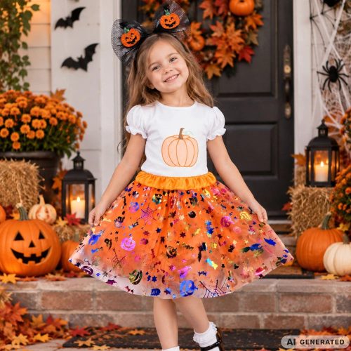 Halloweeni Kislány Jelmez Szett – Narancssárga Tökös Tütü és Hajpánt 