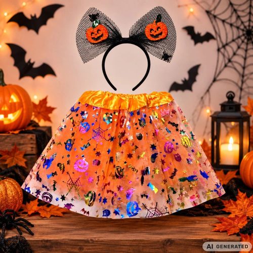Halloweeni Kislány Jelmez Szett – Narancssárga Tökös Tütü és Hajpánt 