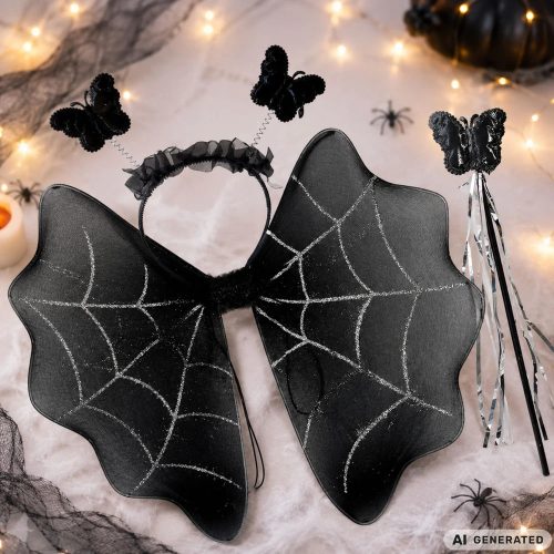 Pókhálós Halloween Jelmez Szett Lányoknak, tütü Szoknya, Szárny, Fejpánt és Varázspálca, 4 darabos