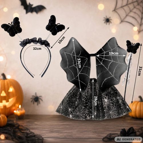Pókhálós Halloween Jelmez Szett Lányoknak, tütü Szoknya, Szárny, Fejpánt és Varázspálca, 4 darabos