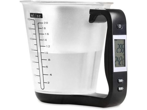 Elektronikus konyhai mérőkancsó tára funkcióval és folyadékmérő móddal, 1 kg/1 g, fekete