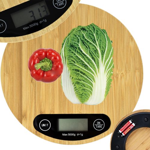 Elektronikus bambusz konyhai mérleg lcd kijelzővel 5 kg-ig - Lapos