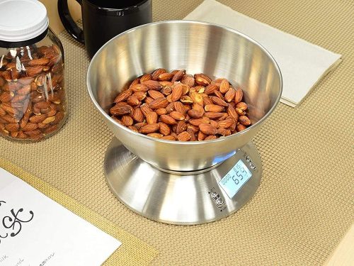 Digitális konyhai mérleg rozsdamentes acél tállal, 5kg/1g, LCD kijelző, TÁRA funkció
