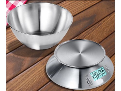 Digitális konyhai mérleg rozsdamentes acél tállal, 5kg/1g, LCD kijelző, TÁRA funkció