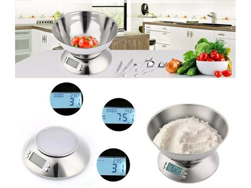 Digitális konyhai mérleg rozsdamentes acél tállal, 5kg/1g, LCD kijelző, TÁRA funkció