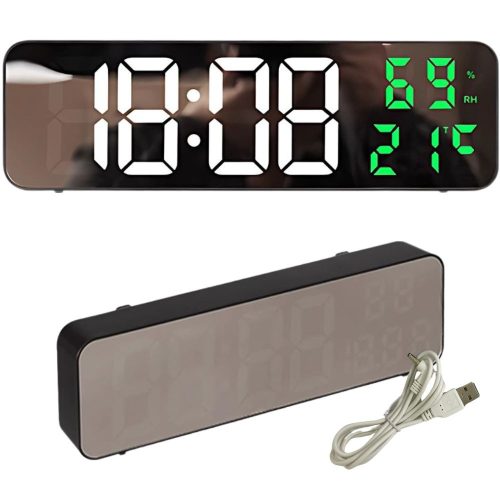 Tükör kijelzős ébresztő óra hőmérséklet jelző funkcióval Digitális, LED, LCD kijelző, fehér és zöld számjegyek