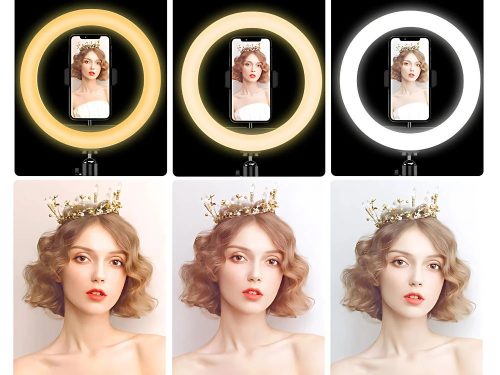 Profi RGB LED állítható Gyűrűs lámpa Videózáshoz és Sminkeléshez telefontartóval