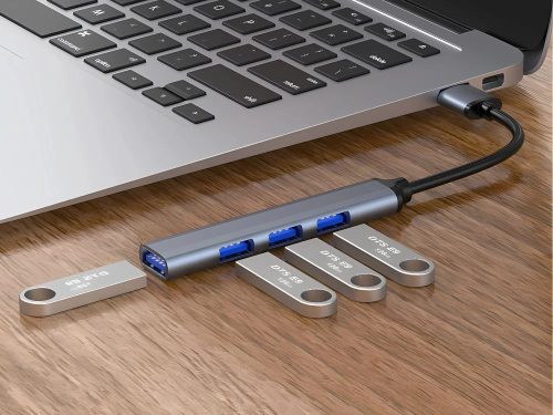 Ultra-vékony alumínium USB elosztó laptophoz – 4 portos USB adapter, szürke