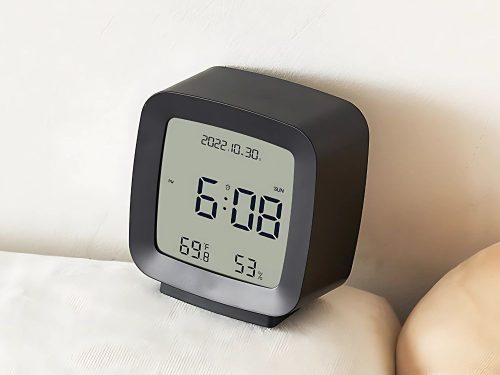 LCD ébresztőóra hőmérséklet- és páratartalom-kijelzéssel, fekete