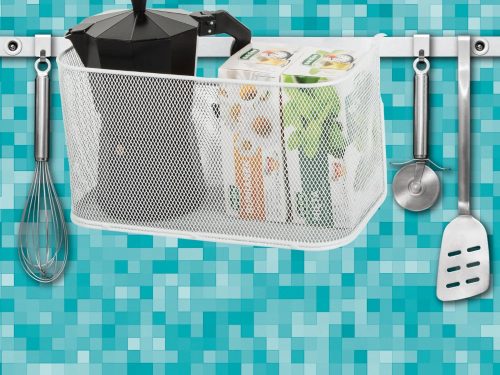 Akasztható fém tárolókosár konyhába és fürdőszobába, fehér, 28 cm