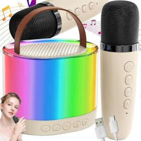  Hordozható mini karaoke szett 2 vezeték nélküli mikrofonnal és Bluetooth hangszóróval, RGB LED világítás