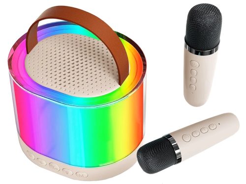 Hordozható mini karaoke szett 2 vezeték nélküli mikrofonnal és Bluetooth hangszóróval, RGB LED világítás