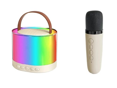 Hordozható mini karaoke szett 2 vezeték nélküli mikrofonnal és Bluetooth hangszóróval, RGB LED világítás
