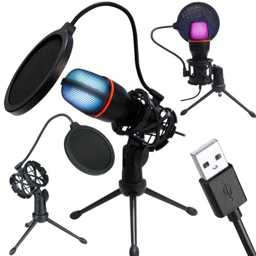 Zajszűrős mikrofon háromlábú állványon popszűrő, RGB világítás