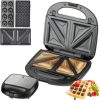 Tapadásmentes 3 az 1-ben kenyérpirító, gofrisütő, fánksütő, cserélhető sütőlapok, 850W