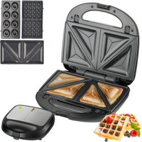  Tapadásmentes 3 az 1-ben kenyérpirító, gofrisütő, fánksütő, cserélhető sütőlapok, 850W