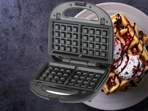 Tapadásmentes 3 az 1-ben kenyérpirító, gofrisütő, fánksütő, cserélhető sütőlapok, 850W