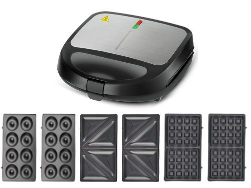 Tapadásmentes 3 az 1-ben kenyérpirító, gofrisütő, fánksütő, cserélhető sütőlapok, 850W
