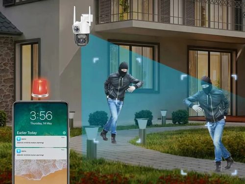 Két lencsés, kültéri 4G ethernet, forgatható, mozgásérzékelős biztonsági kamera, IP66