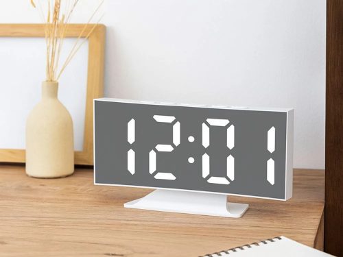Elektronikus, digitális, ívelt LED ébresztőóra, hőmérővel, tükörreflexes kijelzővel