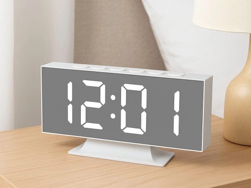 Elektronikus, digitális, ívelt LED ébresztőóra, hőmérővel, tükörreflexes kijelzővel