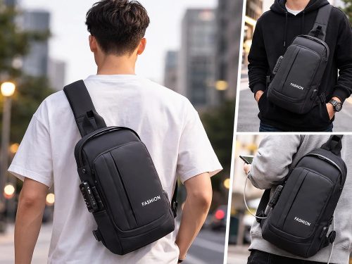 Egyvállas városi hátizsák kódzárral és USB-porttal, 8 l, fekete
