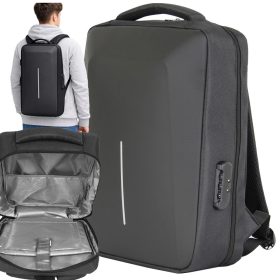   Merevített laptop hátizsák kódzárral és USB-porttal, 15 l, fekete