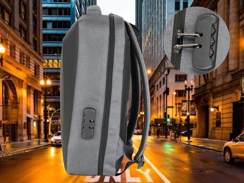 Merevített laptop hátizsák kódzárral és USB-porttal, 15 l, szürke