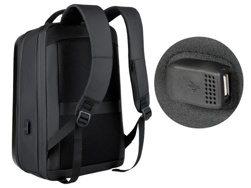 Merevített üzleti laptop hátizsák USB-porttal és kódzárral, 42×30×14 cm, fekete