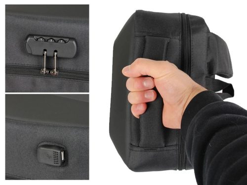 Merevített üzleti laptop hátizsák USB-porttal és kódzárral, 42×30×14 cm, fekete