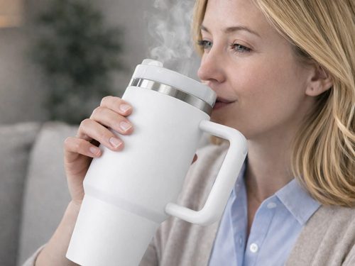 Rozsdamentes termosz bögre 1,2 l fogantyúval hideg és meleg italokhoz , fehér