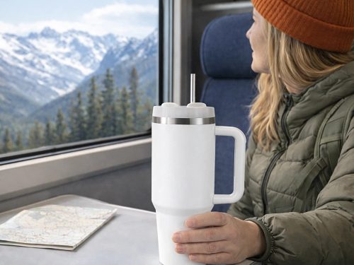 Rozsdamentes termosz bögre 1,2 l fogantyúval hideg és meleg italokhoz , fehér