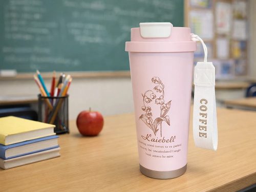 Rozsdamentes termosz pohár 530 ml szívószállal, csúklópánttal, rózsaszín