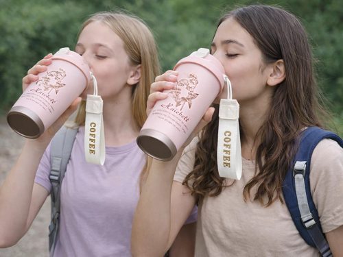 Rozsdamentes termosz pohár 530 ml szívószállal, csúklópánttal, rózsaszín
