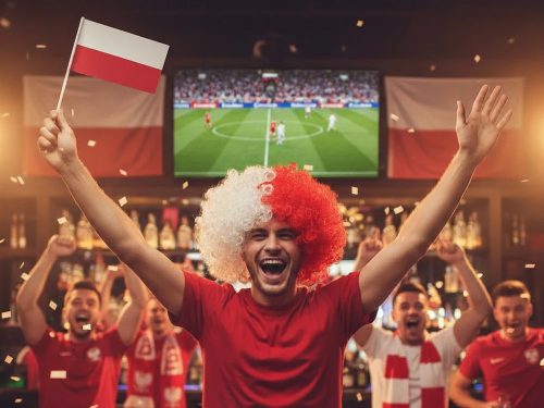 Afro-fodros szurkolóparóka, fehér-piros fejfedő, lengyelország, meccs