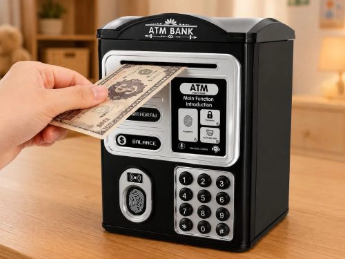 Elektronikus ATM malacpersely gyerekeknek, jelszóval védett, bankkártyával, bankjegyekkel