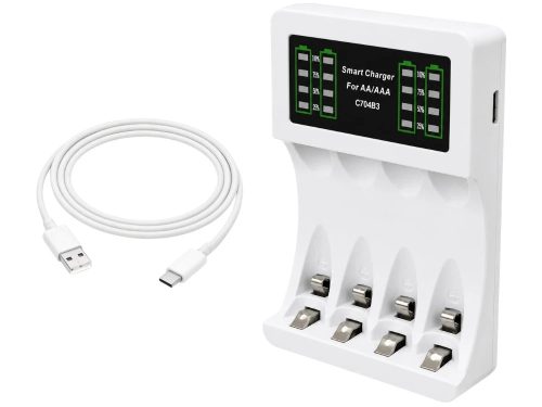 AA és AAA led-es akkumulátorok töltő + 4 db aaa akkumulátor + usb-c kábel