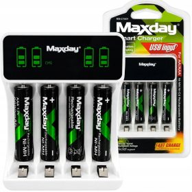  Aa és aaa akkumulátorokhoz való lcd-kijelzős töltő + 4 db aaa akkumulátor + usb-c kábel